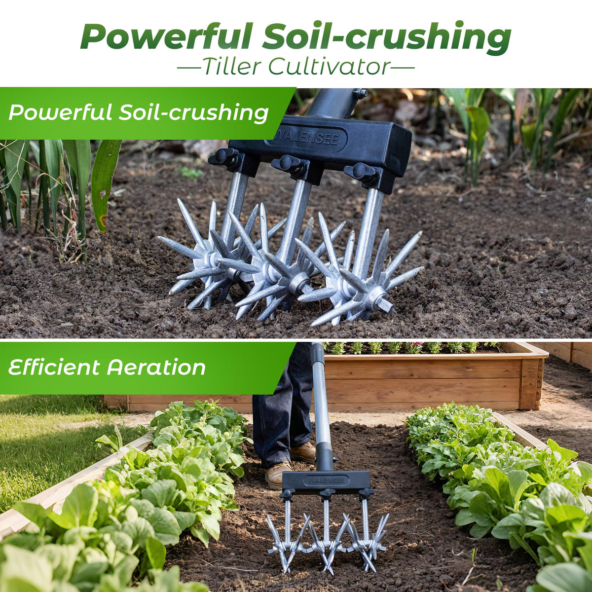 Walensee Rotary Cultivator Garden Tool, Adjustable Hand Tiller with Long Handle, Manual Soil Crusher for Breaking Up Clods, Seedbed Prep, Reseeding, Aerating Raised Beds, Garden, Yard & Lawn
