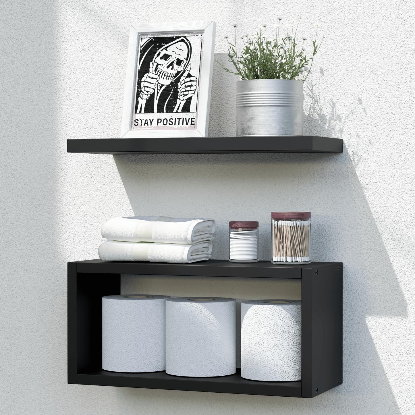 RICHER HOUSE Floating Shelves Bathroom, Black Floating Shelves for Wall, Above Toilet Bathroom Shelves, Wall Mounted Hanging Shelves for Bedroom, Kitchen, Living Room Decor - Black