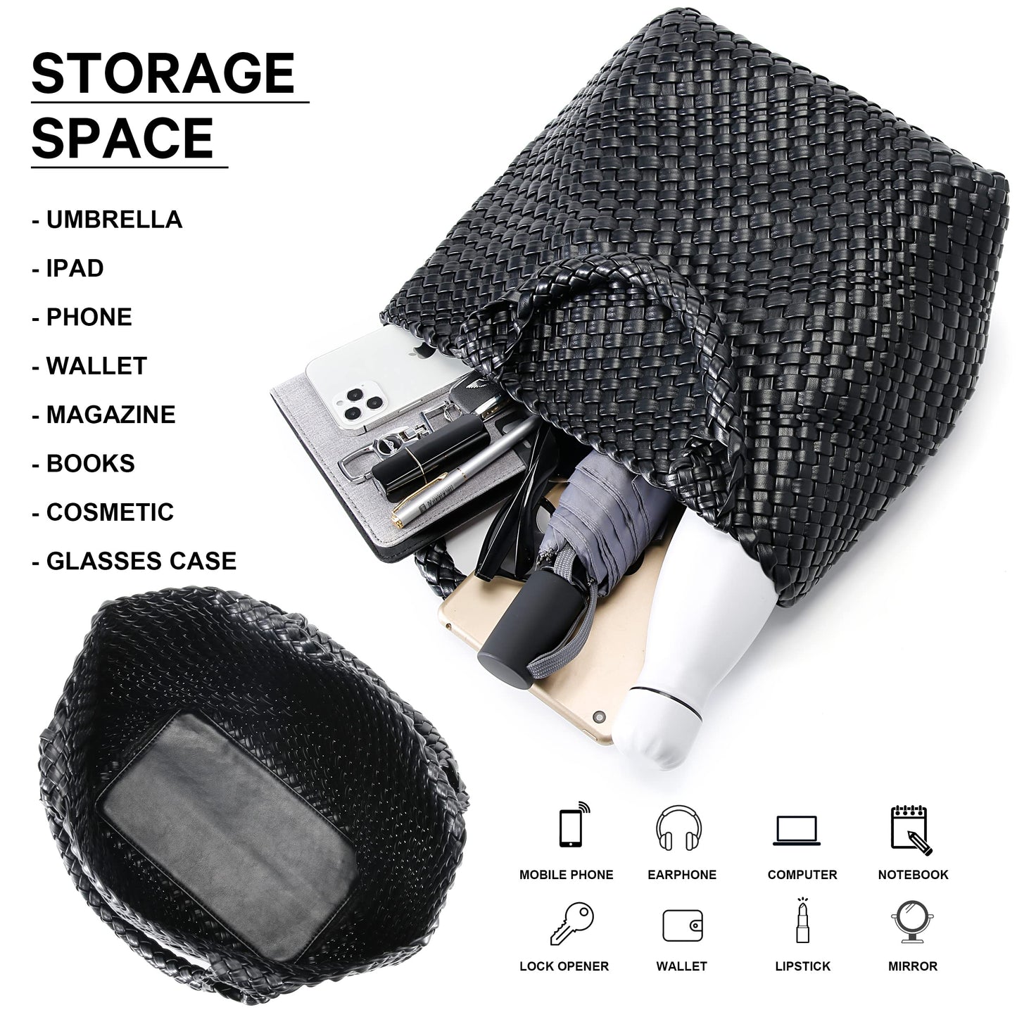 Queenoris Woven Bag for Women, Vegan Leather Tote Bag Large Summer Beach Travel Handbag and Purse Retro Handmade Shoulder Bag (Black)