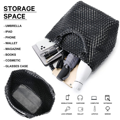 Queenoris Woven Bag for Women, Vegan Leather Tote Bag Large Summer Beach Travel Handbag and Purse Retro Handmade Shoulder Bag (Black)