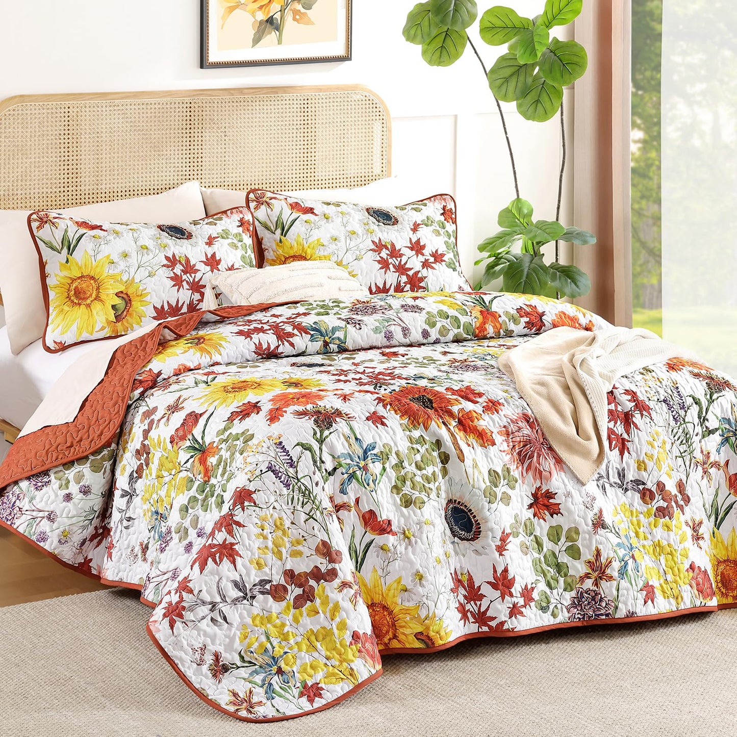 Yiran Fall Floral Quilt Set Queen Size, Orange Red Sunflower Botanical Bedspread Bedding Set, 3 Pieces Soft Lightweight Microfiber Coverlet with 2 Pillow Shams for All Season 96x90 Inch