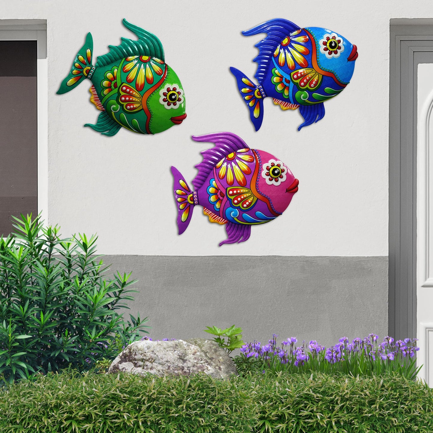 John's Studio Metal Fish Sea Wall Decor Outdoor Garden Hanging Art Sculptures Home Ocean Theme Decorations for Kitchen Bathroom and Pool - 3 PCS