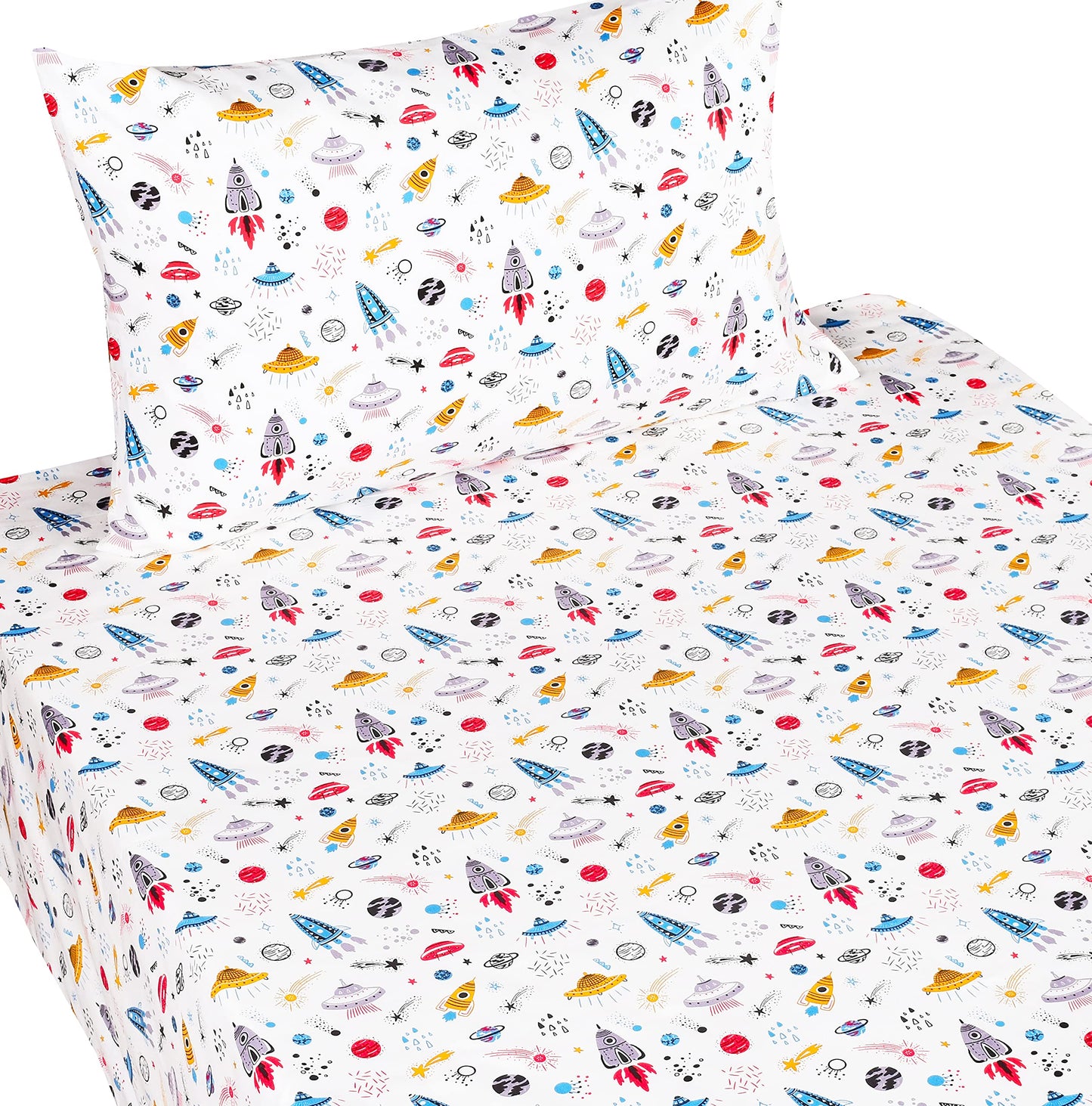 Scientific Sleep Planet Spaceship Rocket in Universe Cotton Cozy Twin Bed Sheet Set, Flat Sheet & Fitted Sheet & Pillowcase Natural Bedding Set (Space, Twin)