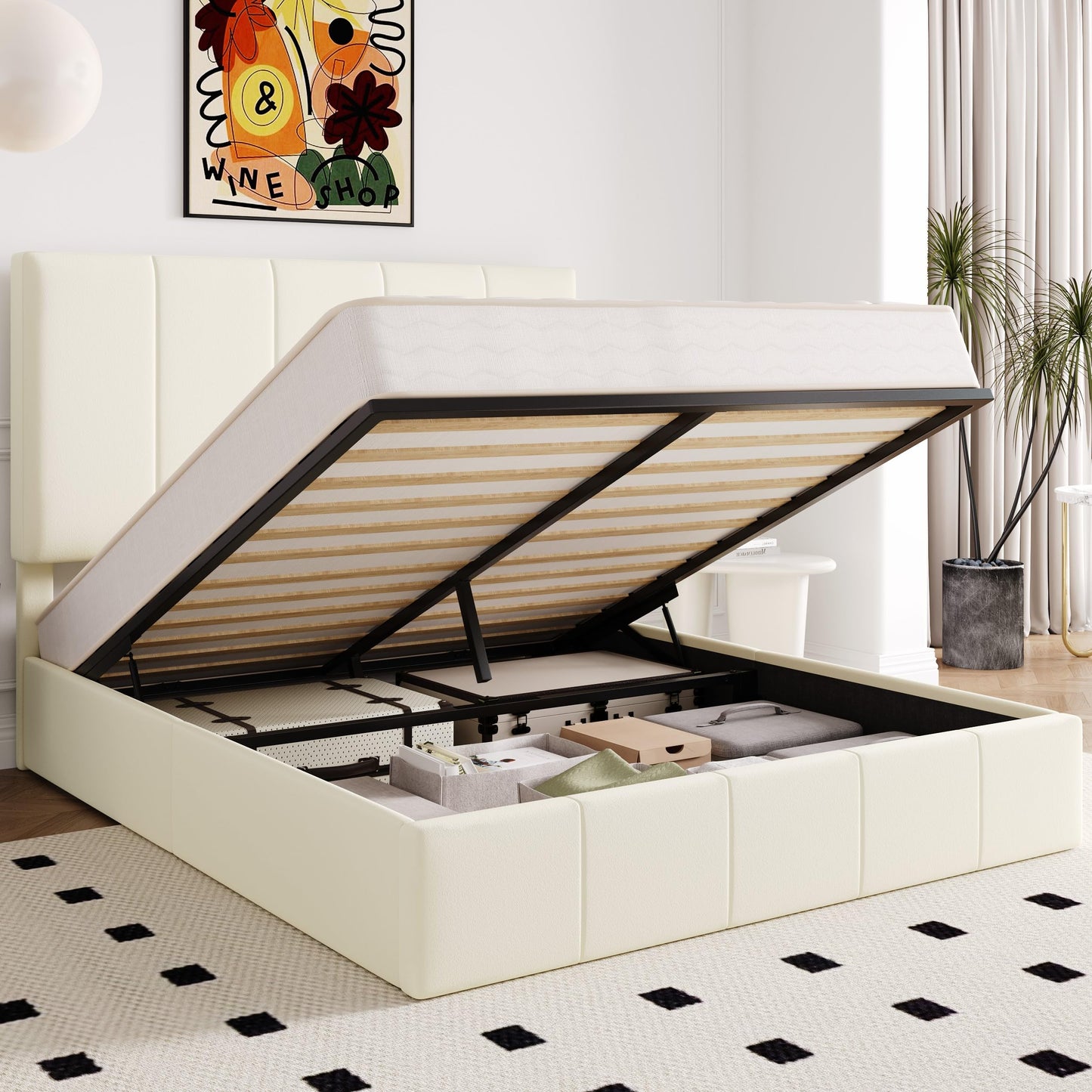 Allewie Full Size Velvet Lift Up Storage Bed Frame, Vertical Channel Tufted Headboard, Hydrualic Underneath Storage, Upholstered Platform Bed, Wooden Slats Support, No Box Spring Needed, Cream