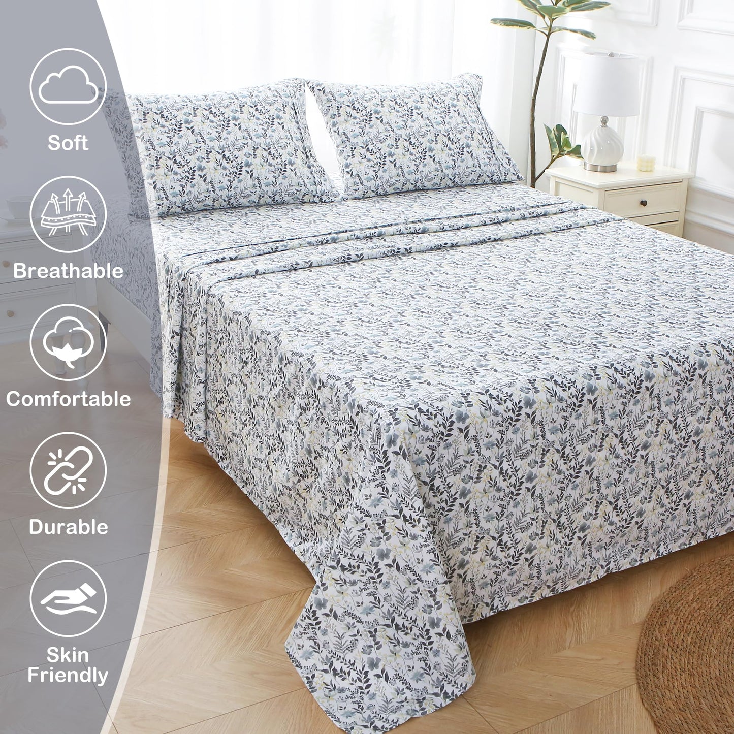 Mooreeke Cozy Vintage Microfiber Printed Twin Sheet Set - Soft Breathable Floral Bed Sheets with Deep Pocket - Non-Slip Fitted Design - Yellow Blue Gray Gradient Flowers Pattern