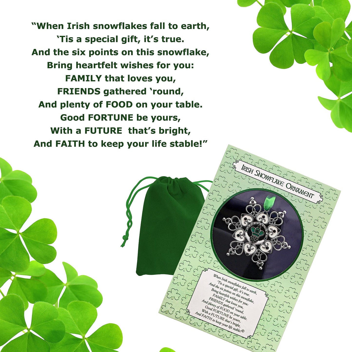 Irish Christmas Ornament Claddagh Snowflake, Filigree Metal Celtic Holiday Decoration with Green Jewels, 3 x 3 Inch Gift Ornament with Storage Bag, Irish Blessing for Family, Friends, Mom, Grandma