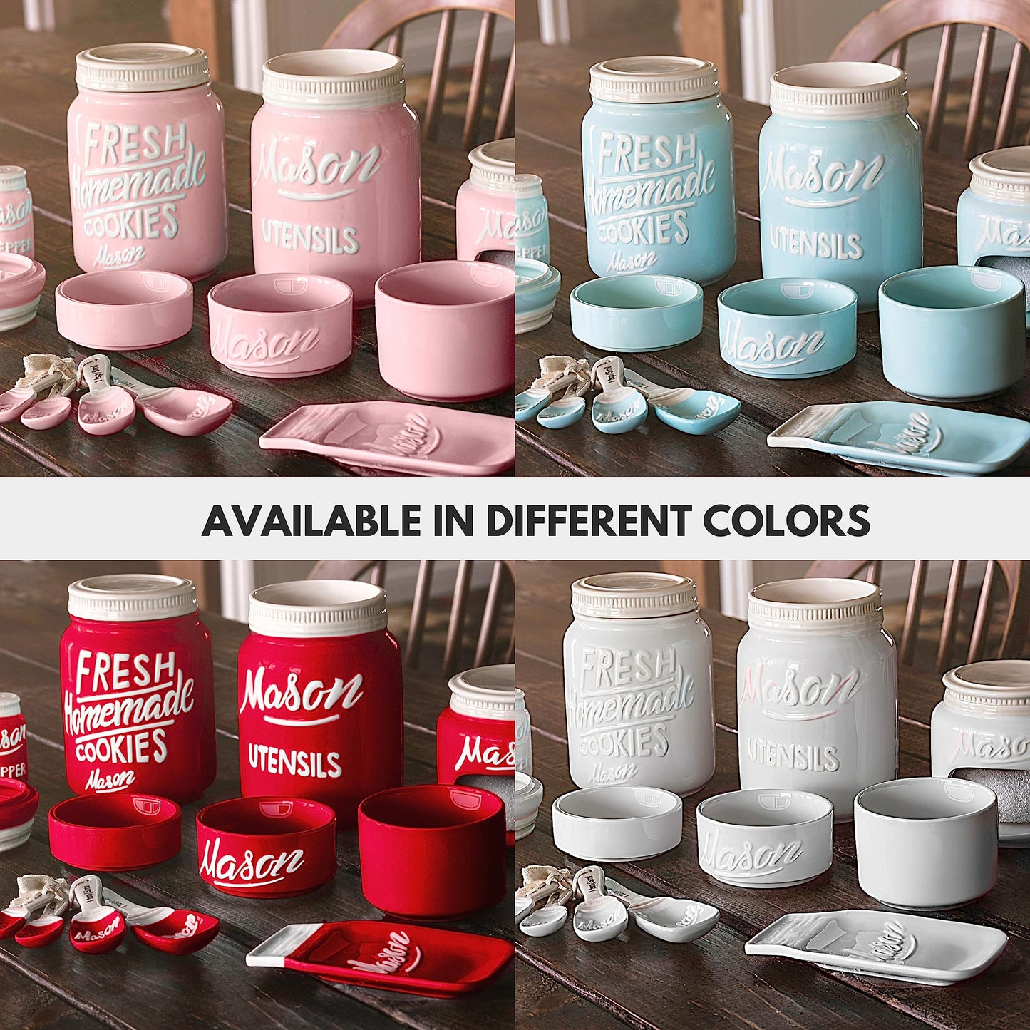 Farmhouse Canisters Sets for the Kitchen - Mason Jar Ceramic Kitchen Utensil Holder, Spoon Rest, Cute Cookie Jar, Salt & Pepper Shaker Sets, Sponge Holder, Measuring Cups & Spoons (White,17-Pc Bundle)