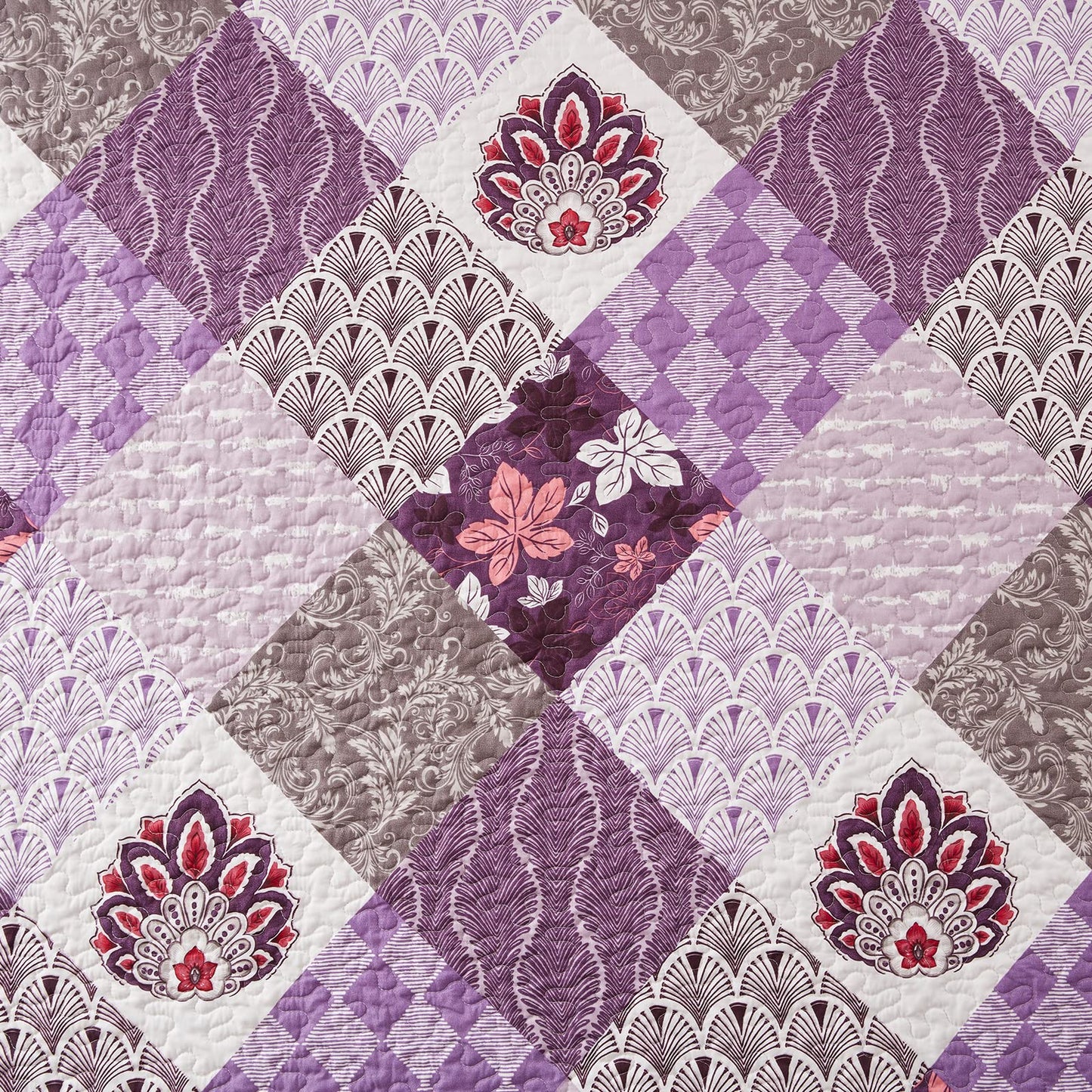 Full/Queen Size Quilt Set 3 Piece Lightweight Reversible Bedspread-90''x98'' Soft Patchwork Floral Coverlet Luxurious Warm Microfiber Bed Cover All Seasons Purple Bedding Set(1 Quilt,2 Pillow Shams)