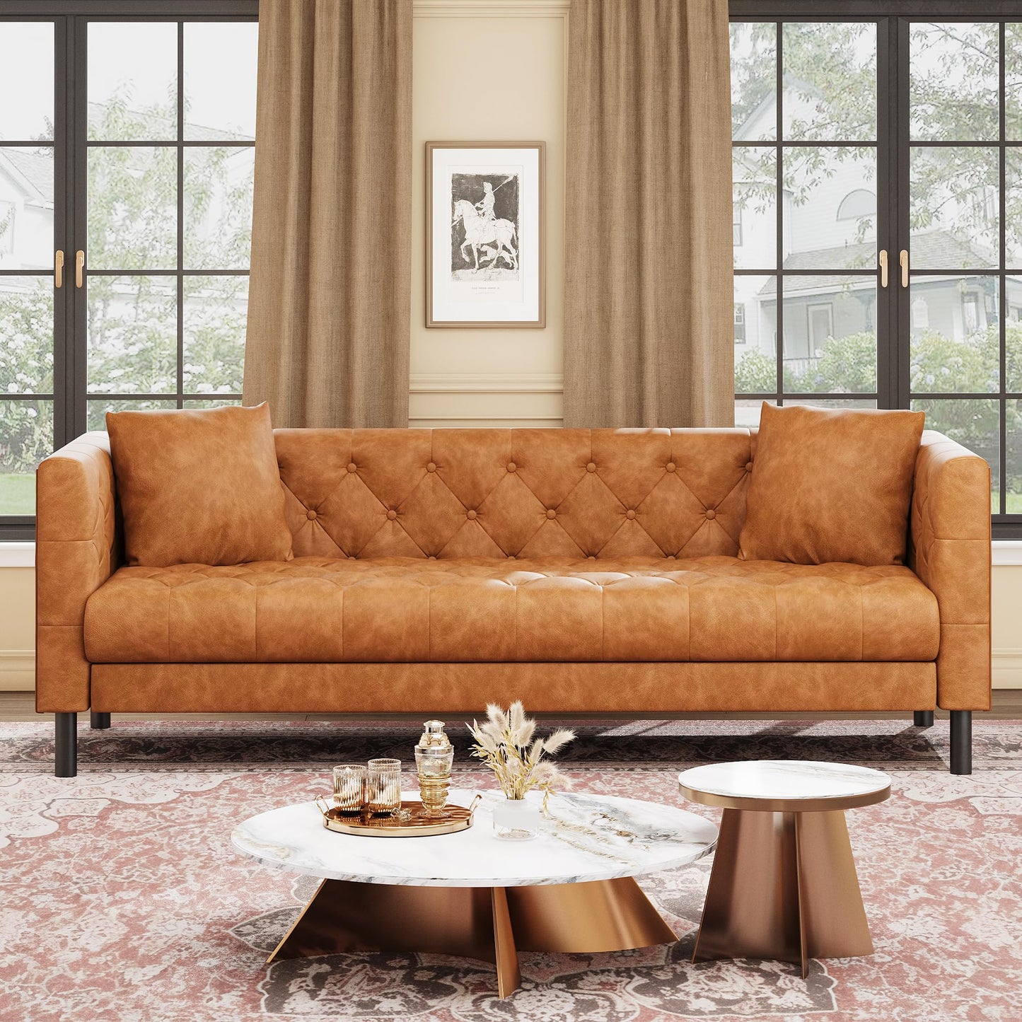 Garvee 81 Inch Leather Couch for Living Room, Modern Leather Sofa with Deep Seat, Handmade Button Tufted Sofa, Chesterfield 3 Seat Couch for Apartment, Office, Cognac Tan