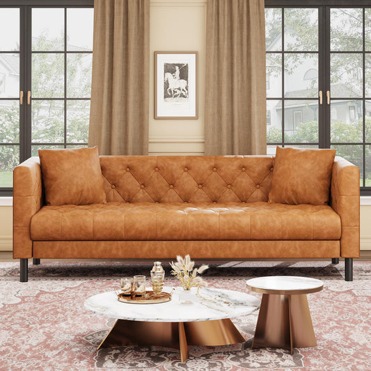 GarveeTech Modern Leather Sofa 81", Chesterfield Style 3 Seater Couch with Deep Seat, Hand-Tufted Button Quilting, Vintage Couch for Living Room, Apartment, Office