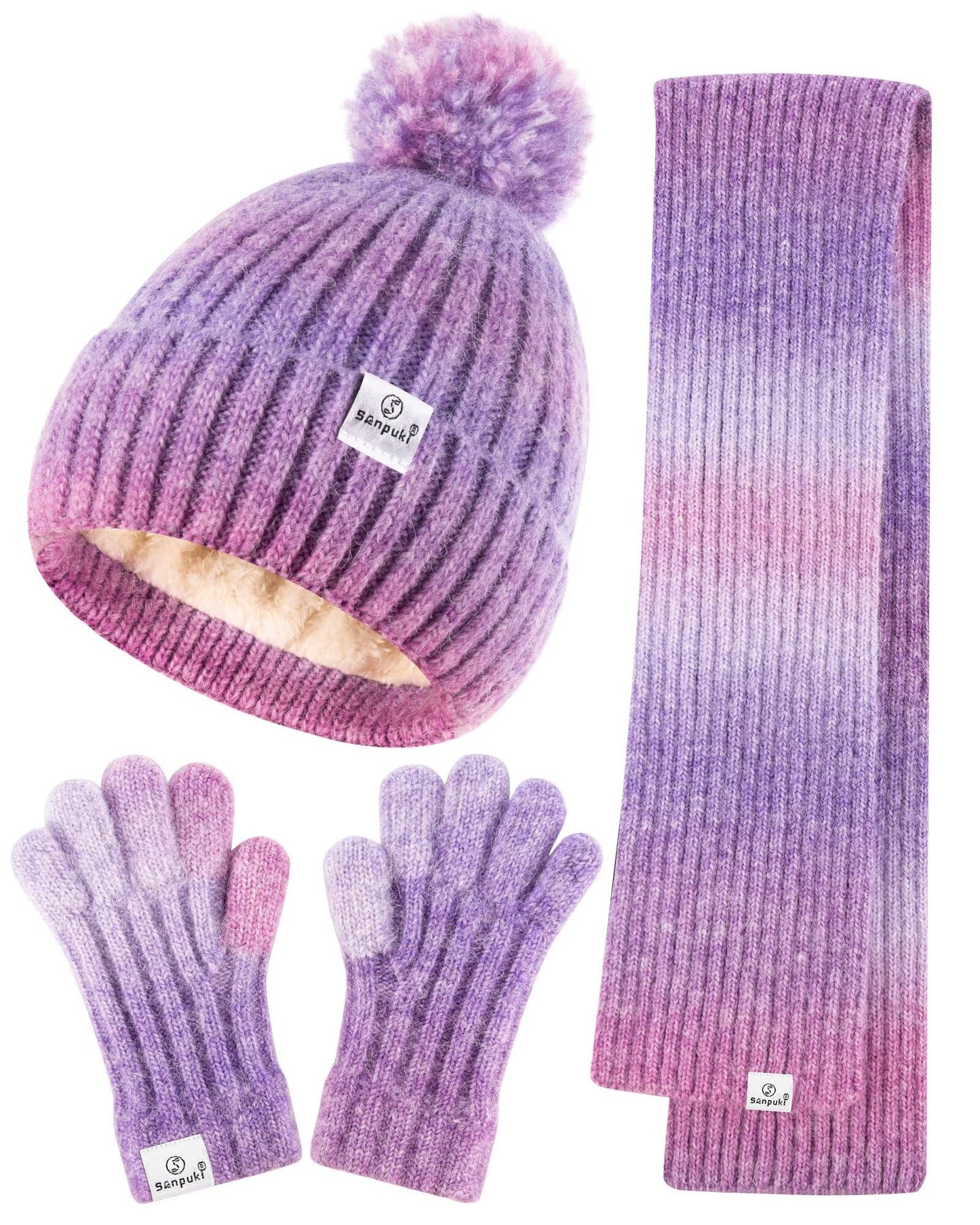 Kids Winter Beanie Gloves Scarf Set,Girls Toddler Winter Hat With Pom Neck Warmer Gaiter Mittens Fleece Lined Set Christmas Gift for Kids