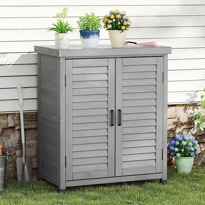 Outdoor Storage Cabinet & Potting Bench Table with Metal Top, Wooden Patio Furniture, Garden Workstation (Accent Grey, 36x31x17in)