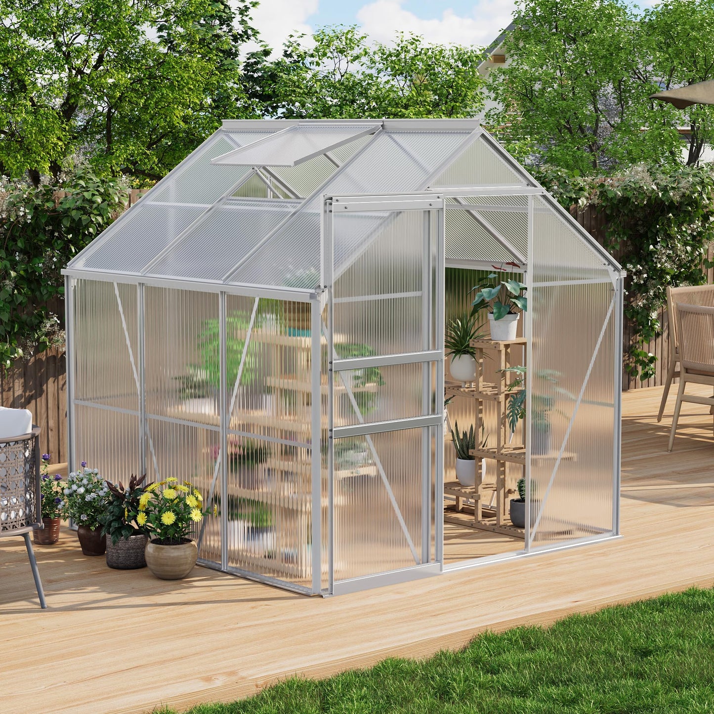 IDEALHOUSE 6x6 ft Polycarbonate Greenhouse with Adjustable Roof Vent, Walk-in Greenhouse for Outdoor Garden Backyard, Heavy Duty Aluminum Frame, 720g/M² PC Panels, Silver