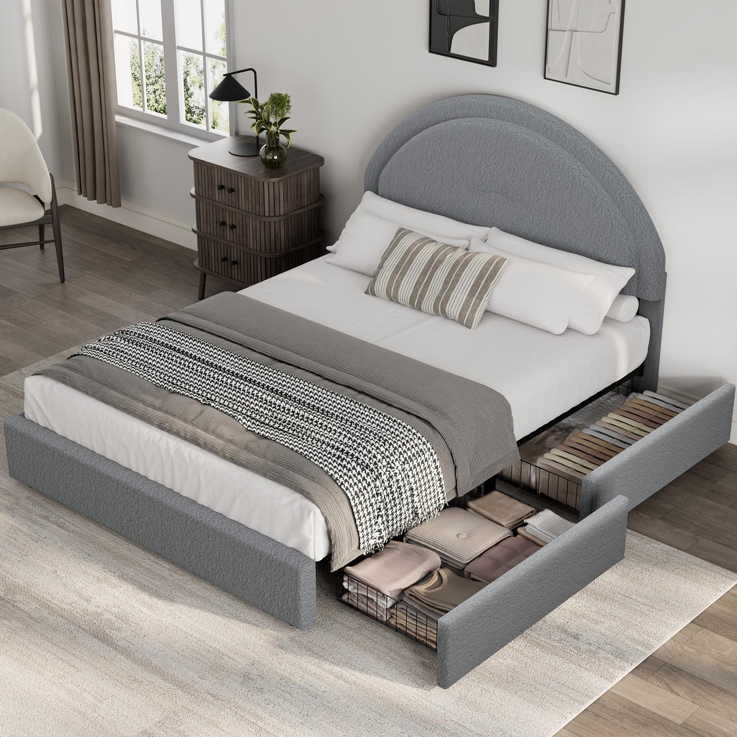 Garvee Full Size Bed Frame with Storage Drawers, Upholstered Boucle Platform Bed with Round Headboard, Heavy Duty & Noise Free, No Box Spring Needed, Grey