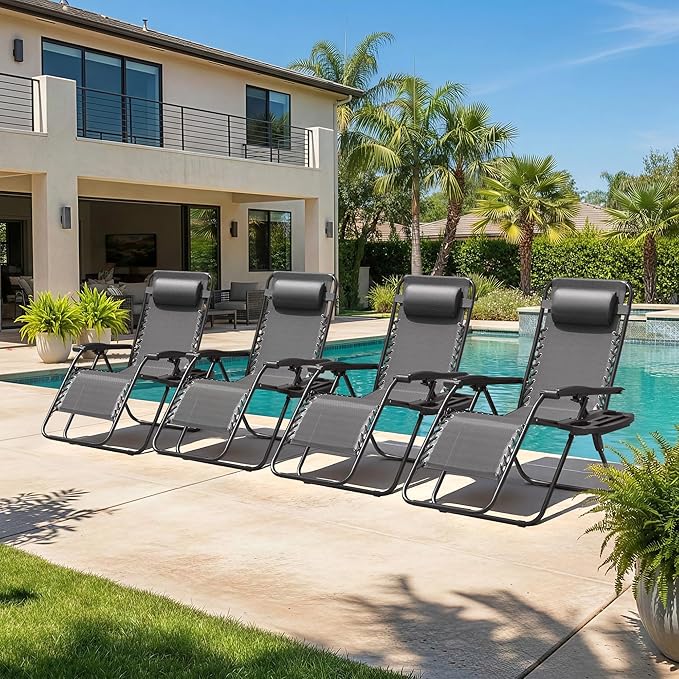 Homall Zero Gravity Chair Patio Folding Lawn Outdoor Lounge Gravity Camp Reclining Lounge Chair with Cup Holder Pillows for Poolside Backyard and Beach Set of 4 (Grey)