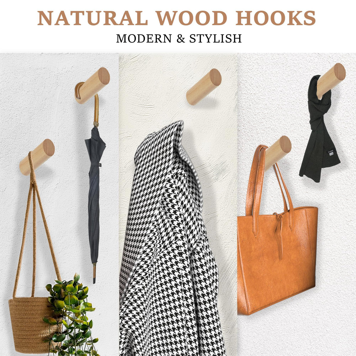 evory 6 Natural Wood Hooks for Wall, Rustic Wooden Coat Hooks Wall Mount, Hat Hooks for Wall, Decorative Coat Rack Hangers, Heavy Duty Coat Hanger Hooks for Hanging Bags,Towels,Purse(Beech Wood)