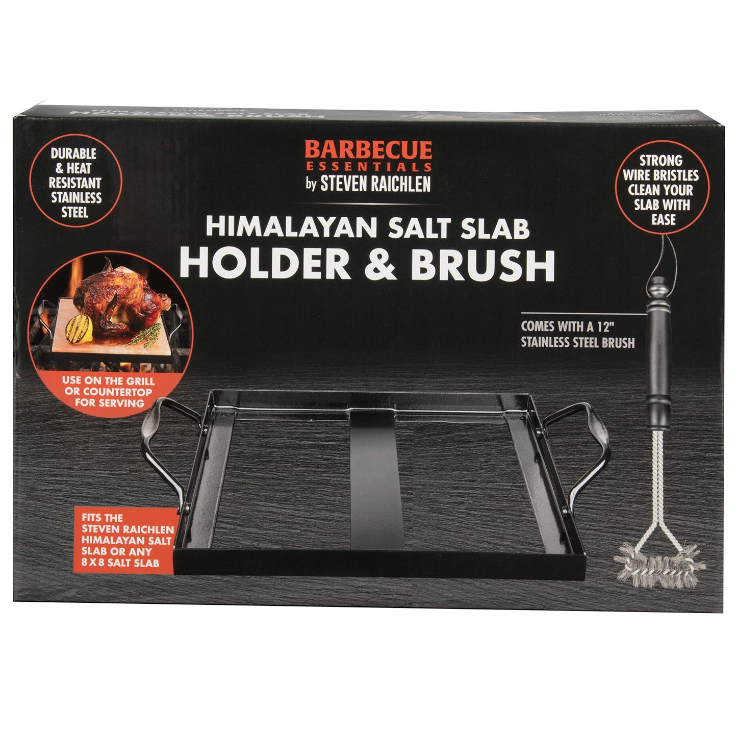 Steven Raichlen's Himalayan Salt Block Holder for 8x8 Salt Slabs with Stainless Steel Grill Brush – Heavy-Duty BBQ Rack with Handles – Grilling & Cooking Accessories for Indoor & Outdoor Use