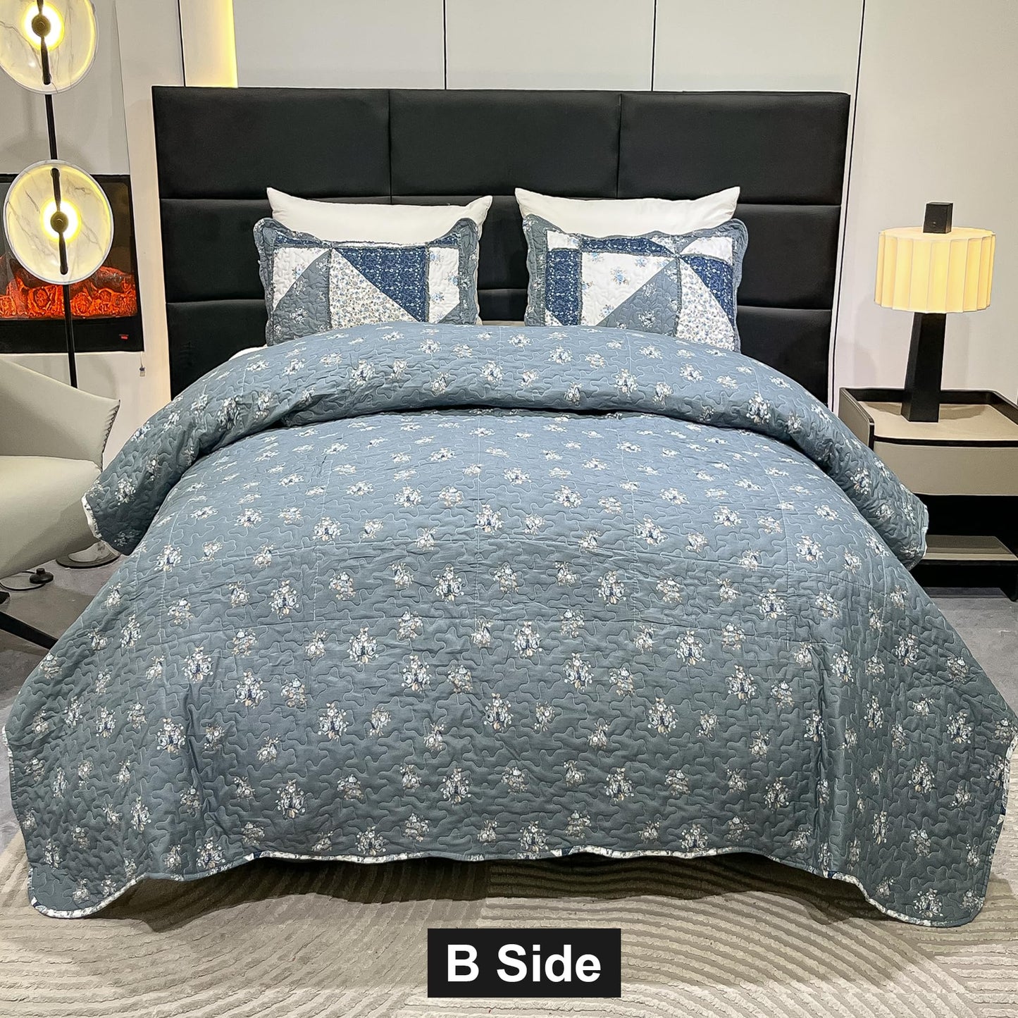 Full Queen Size Patchwork Quilt Set Grey Floral Reversible Quilted Bedspread Coverlet Set 3-Piece Lightweight Comforter Stitched Quilt Bedding Set Bed Sheet Set Cover Blanket with 2 Pillow Shams