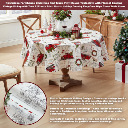 Newbridge Farm Fresh Christmas Tree Vinyl Tablecloth with Flannel Backing, Vintage Retro Holiday Print, Wipe Clean, 70 Inch Round