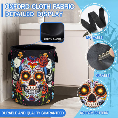 Sugar Skull Laundry Basket Skeleton Print Oxford Cloth Laundry Hamper With Handle Foldable Portable Clothes Storage Basket 18.9 X 16.5 In Storage Bag For Laundry Room/Bathroom/Bedroom/Dormitories