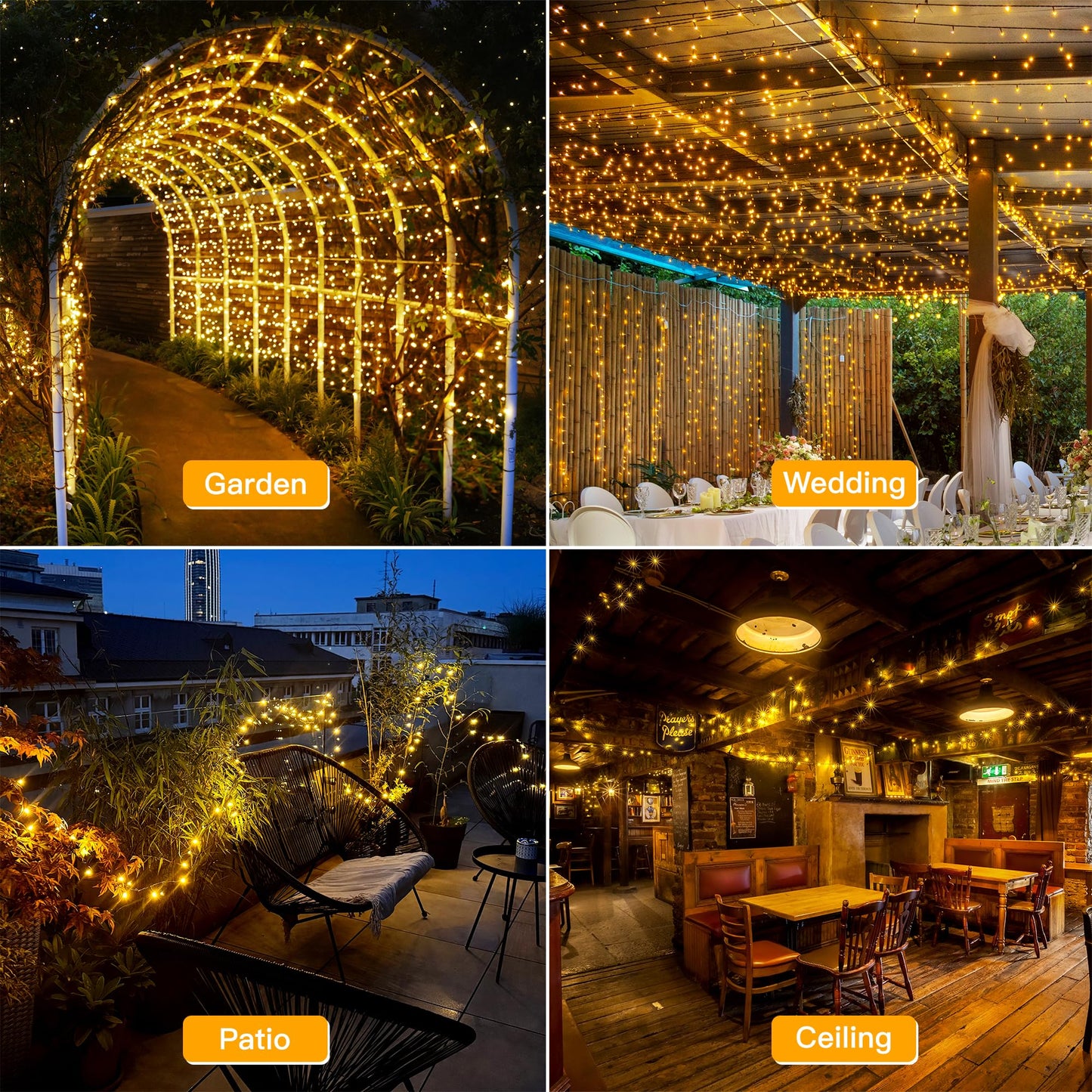 Ollny 20m 200 LED Outdoor Fairy Lights Mains Powered, Warm White Waterproof String Light with Plug/Remote/Modes/Timer, Bright Lighting Outside Indoor Garden Party Wedding Decorations