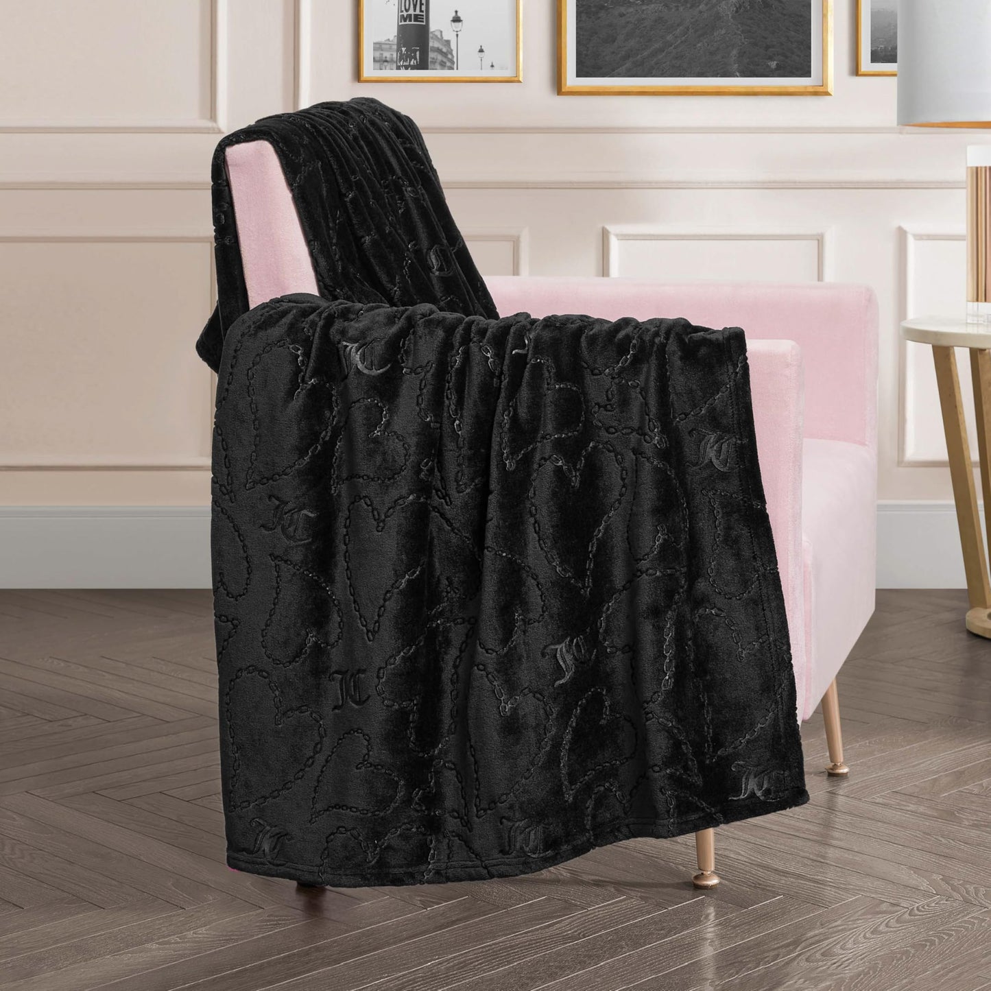 Juicy Couture Embossed Plush 60"x70" Oversized Throw Blanket, Chain Hearts Black
