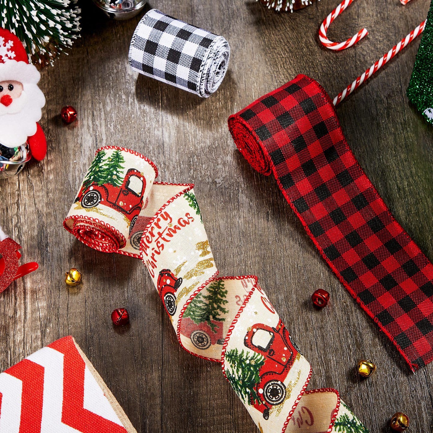 Boao 6 Rolls Christmas Wired Ribbons 2.5 Inch x 24 Yards Buffalo Red White Black Plaid Ribbons Vintage Truck Trees Glittered Snowflake Wired Edge Ribbon for Christmas DIY Wrapping Wedding Floral Craft