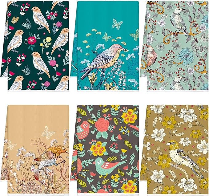Geyoga 6 Pcs Spring Floral Kitchen Towels Flamingo Dish Hand Towels Sunflower