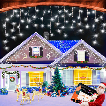 XURISEN 66ft Christmas Lights Decorations Outdoor, 640 LED 8 Modes Curtain Fairy Lights with 120 Drops,Plug in Waterproof Timer Memory Function for Christmas Holiday Wedding Party Decor(Cool White)