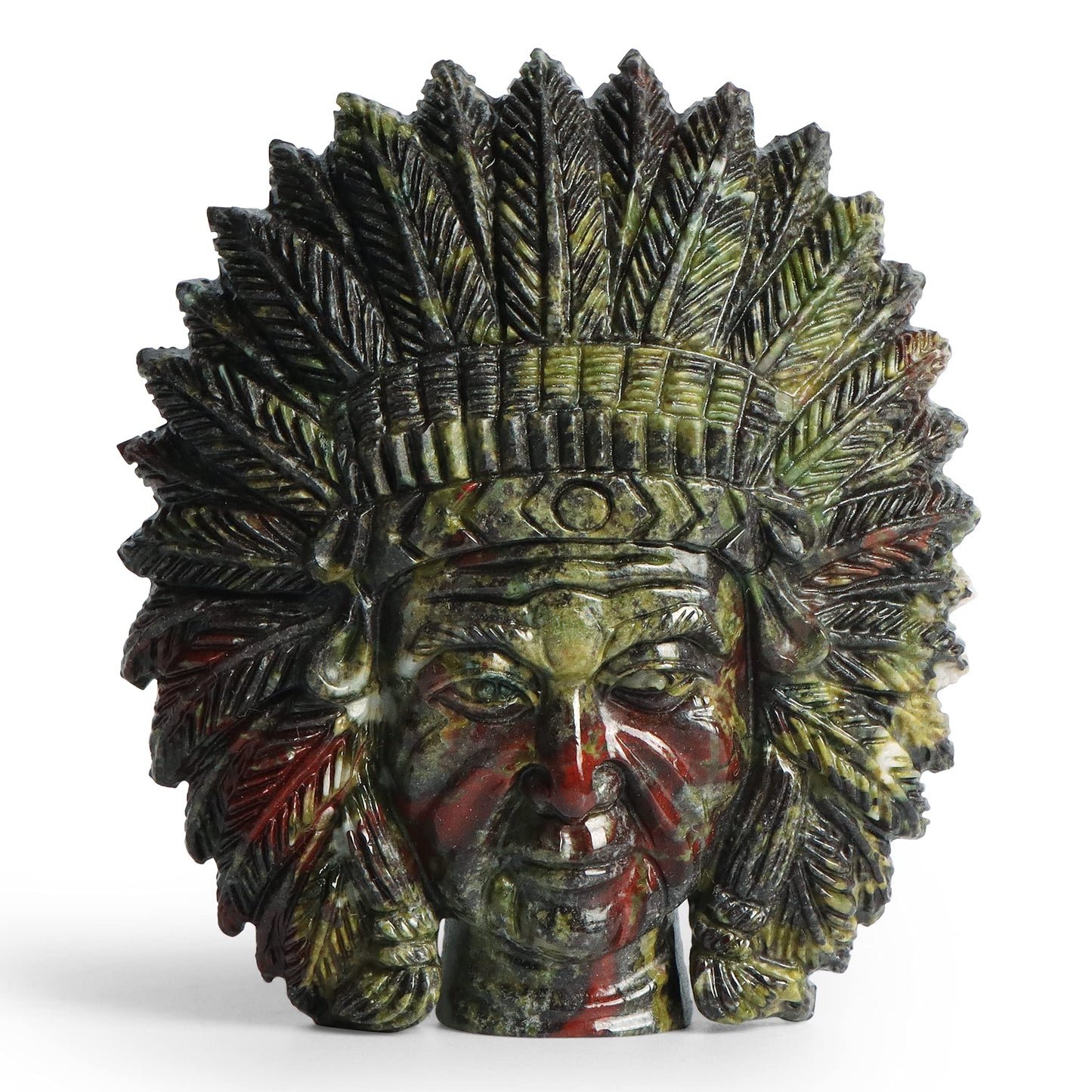 SMQ 2.5" Dragon Bloodstone Crystal Indian Head Figurines Hand Carved Gemstone Chief Bust Statue Collectable Reiki Healing Stones Ornament for Halloween, Office, Home Decor