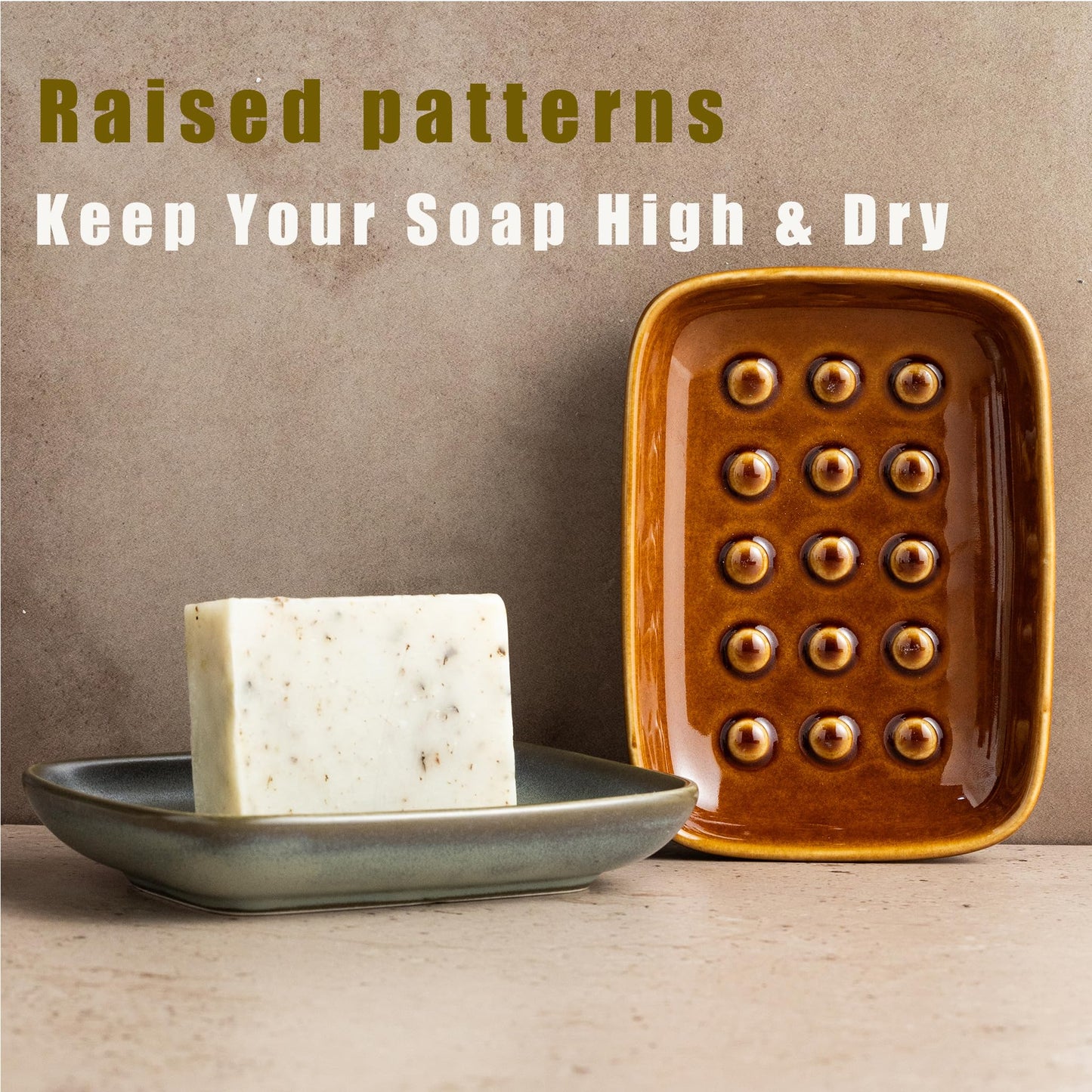 Miamolo Ceramic Soap Dish for Shower, Non-Slip Bar Soap Saver Tray Bar for Bathroom Kitchen Sink Bathtub, Easy to Clean, Dishwasher Safe, Raised Pattern - Keep Soap Dry, Dark Green
