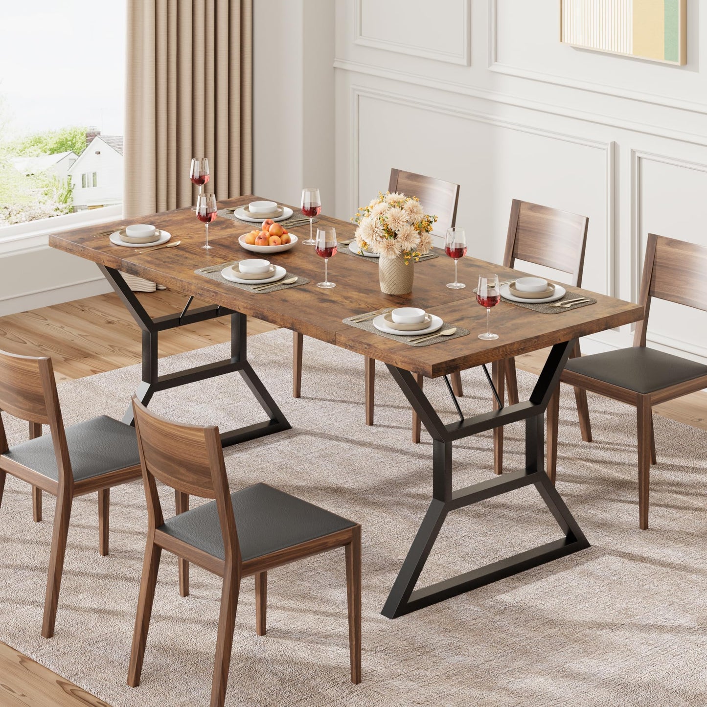 Industrial 71'' Farmhouse Dining Table for 6-8 People - Rustic Distressed Wood Kitchen Table with Black Metal Geometric Base Legs, Large Rectangular Conference Desk for Living Room, Home Office