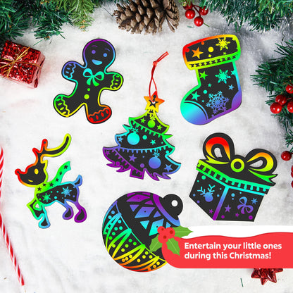 JOYIN 48 Pcs Christmas Scratch Art Ornaments, Rainbow Color Scratch Paper in Front Side & Coloring Card in Back Side, Scratch Off Kids Party Favors Supplies, Holiday DIY Art Craft Kit Activities Gifts
