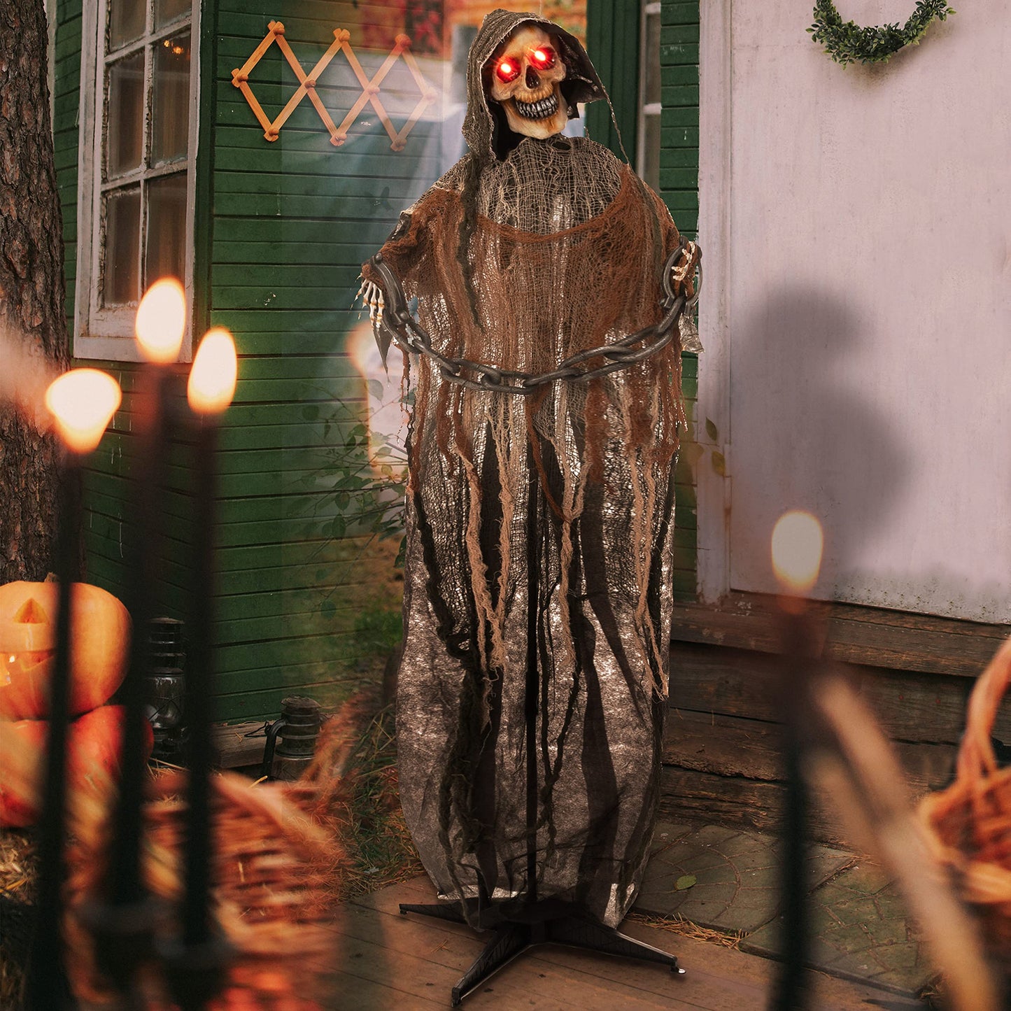 JOYIN 67" Halloween Decorations Outdoor Life Size Animatronics Grim Reaper with Chain, Sound-Actived Party Decor with Creepy Sound, Scary Haunted House Props for Garden Yard Lawn