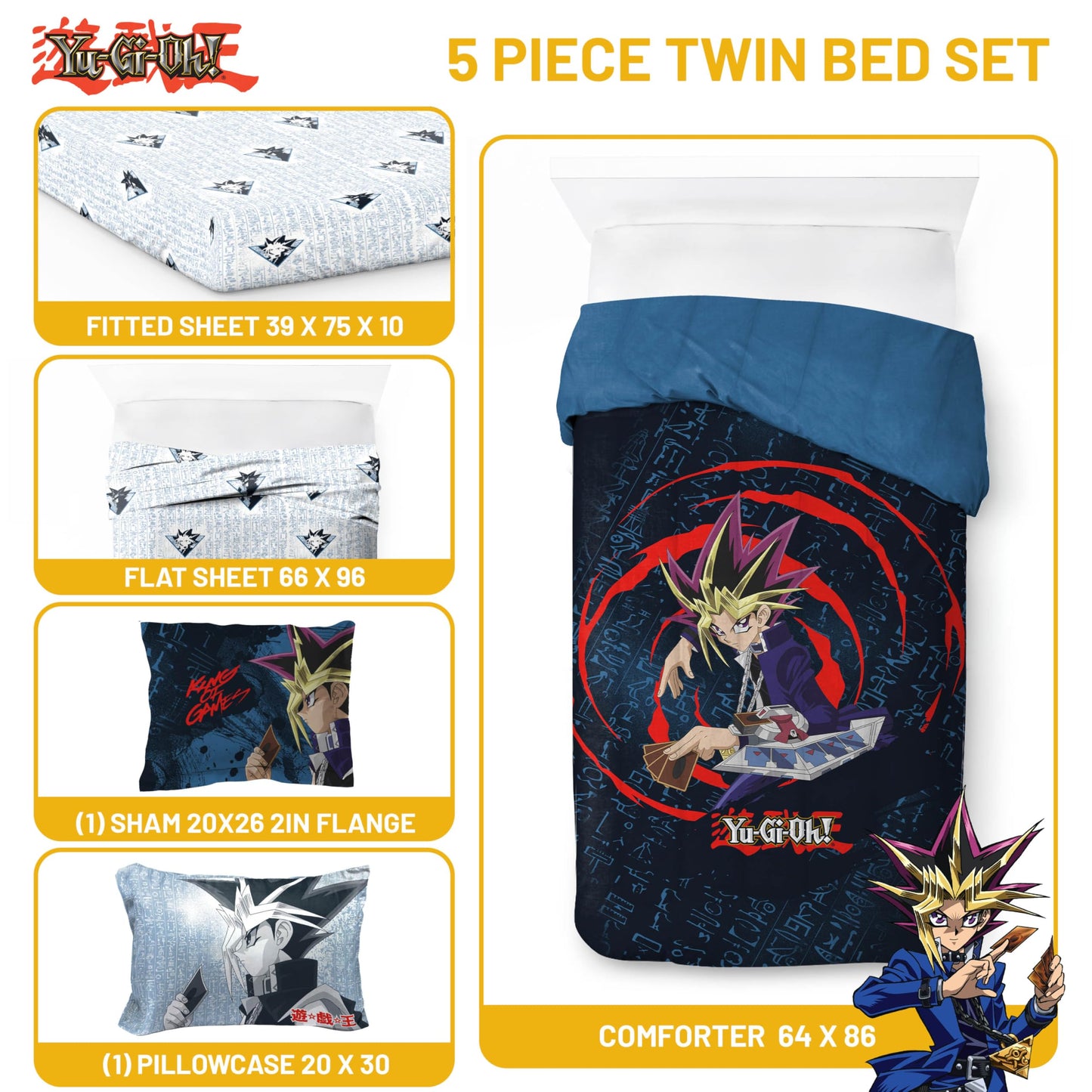 Jay Franco Yu-Gi-Oh! Twin Size Comforter Set - 5 Piece Bedding Includes Sheet Set & Pillow Covers - Super Soft Cozy Bedding