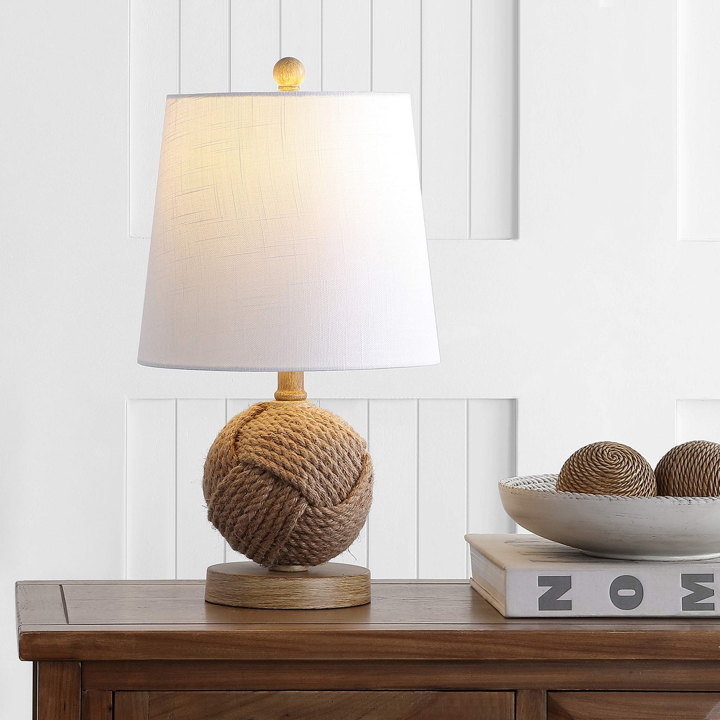 JONATHAN Y 18" Natural Monkey Fist Rope Ball LED Table Lamp, Coastal Nautical Iron and Rope Accent Lamp for Living Room Bedroom, White Linen Shade, LED Bulb Included JYL6500A