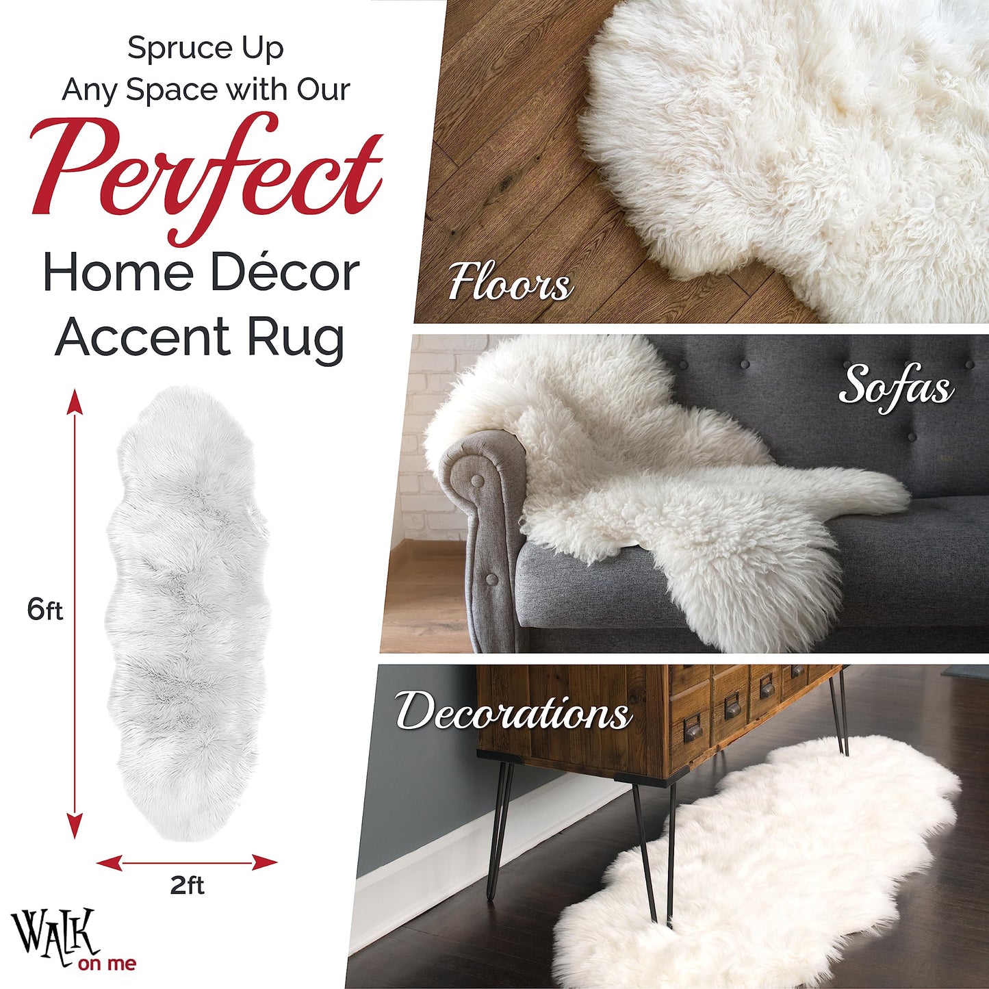 Walk on Me White Double Pelt Faux Fur Sheepskin Rug: Ultra Soft, Super Thick, Fluffy 2x6 Feet, Living Room, Bedroom, Office, Synthetic, Latex, Non-Slip