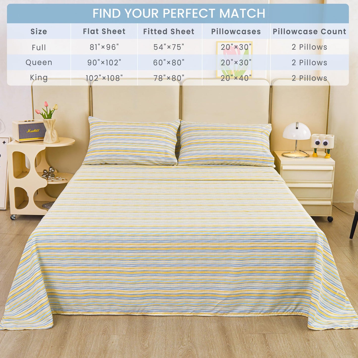 Mooreeke Striped Full Bed Sheets, Deep Pocket 4 Piece Full Sheet Set, Soft Microfiber Blue Yellow Pinstripe Bedding Sheets & Pillowcases