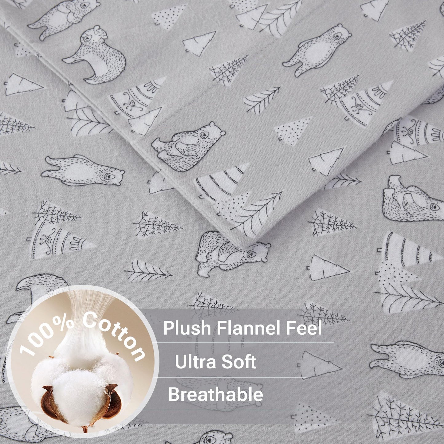 True North by Sleep Philosophy Cozy Flannel Warm 100% Cotton Sheet - Novelty Print Animals Stars Cute Ultra Soft Cold Weather Bedding Set, Twin XL, Bear 3 Piece
