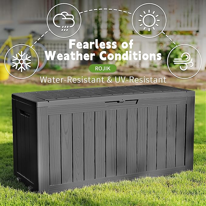 ROJIK Outdoor Storage Housing Deck Box - Waterproof Patio Furniture, Garden Tools, Cushions, Pool Accessories Storage Bench with Lockable Lid and Side Handles (Black 90 Gal)