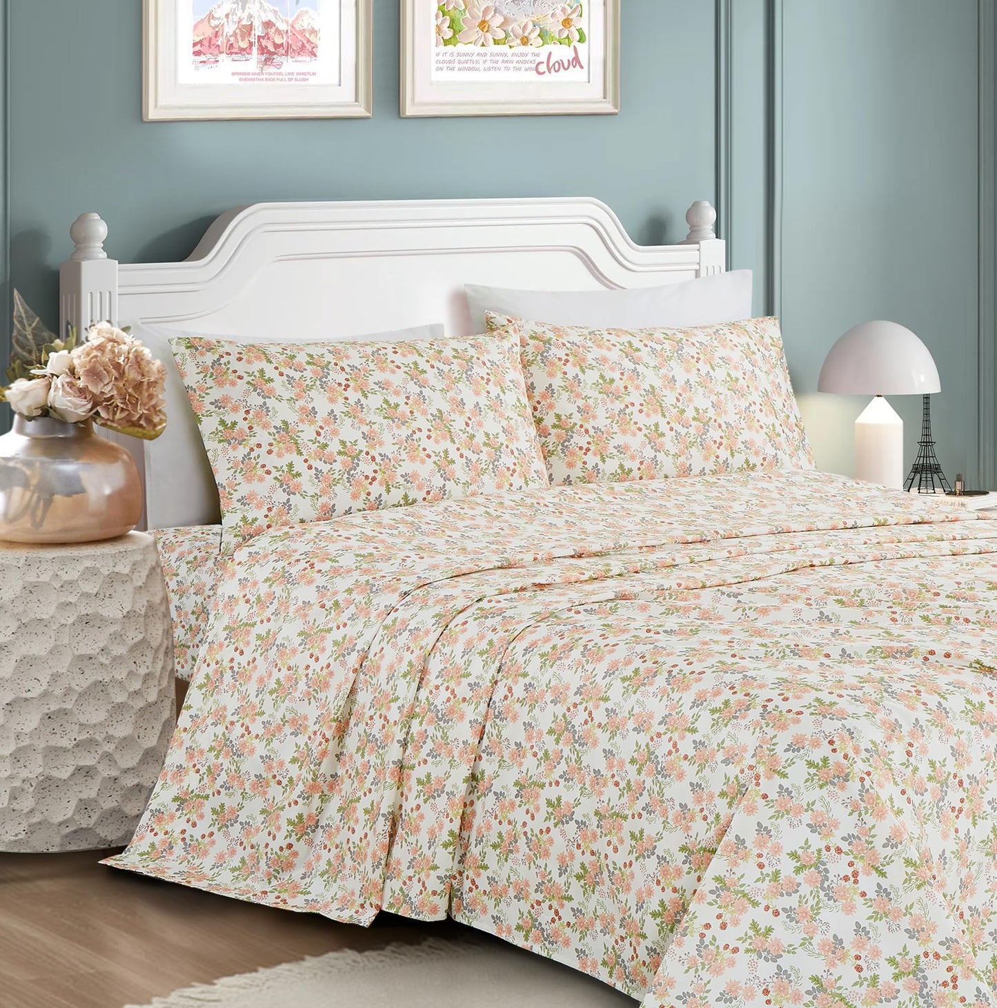 Chezmoi Collection Winika 4-Piece Floral Bed Sheet Set - Multicolor Pink Red Green Gray Floral Flowers Printed Microfiber 14-Inches Deep Pocket Sheets & Pillowcases Set, California King