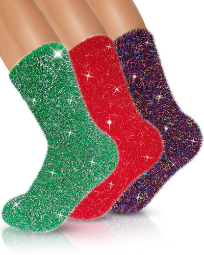AIVEI Sparkly Fuzzy Socks for Women Men, Halloween Gifts Boo Spooky Basket Stuffers, Funny Cute Crazy Fluffy Plush Slipper Socks for Girls Boys 3 Pairs