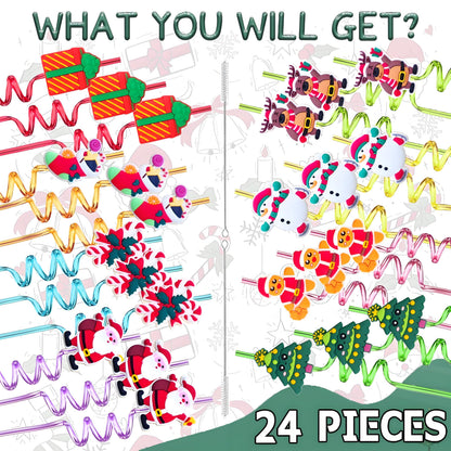 LEDUO 24 Christmas Party Favors Drinking Straws-Holiday Party Supplies-Reusable Xmas Santa Snowflakes Snowman Claus Reindeer Plastic Straw with Cartoon Decoration School Party Favors for Kids New Year