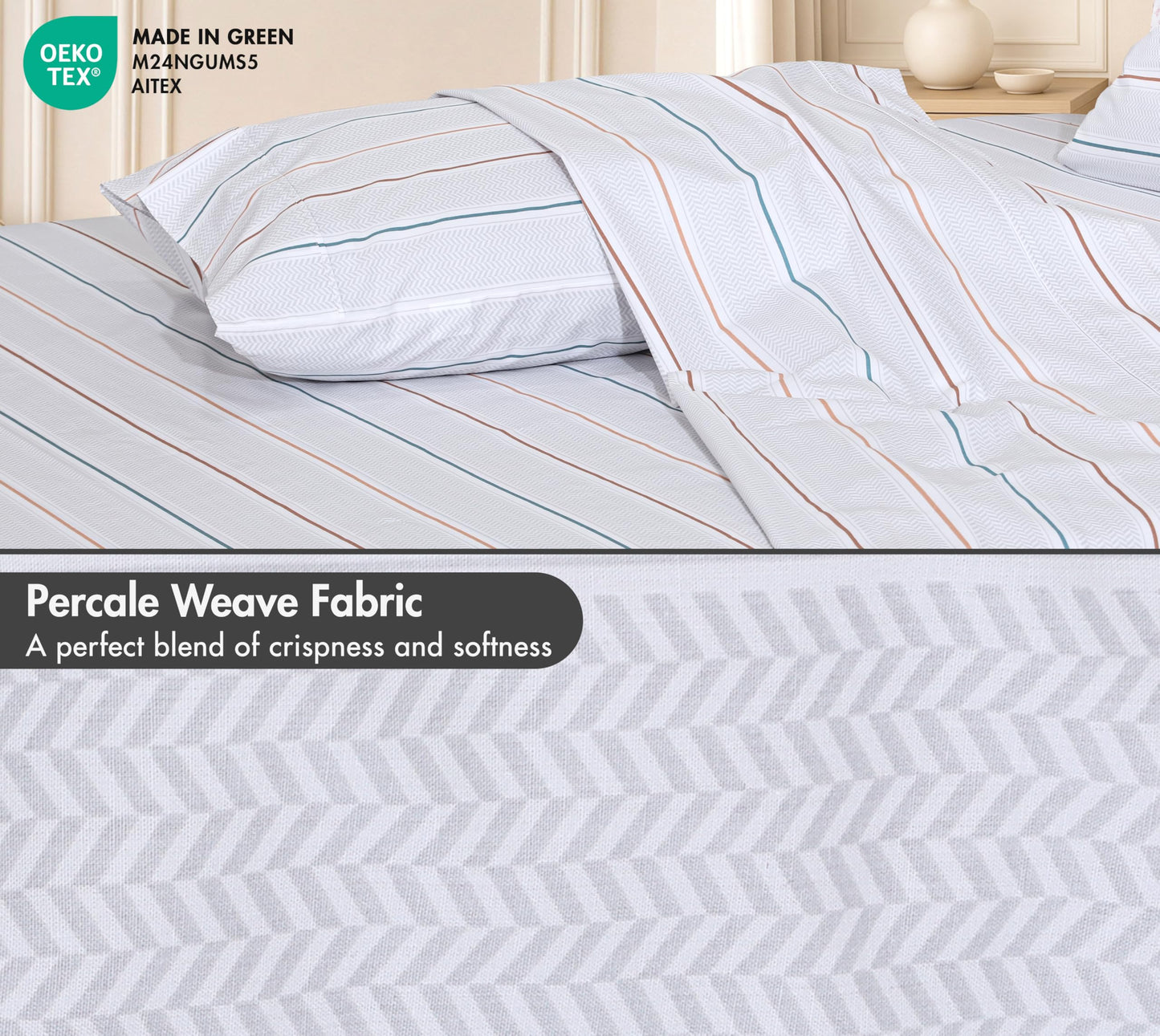 RUVANTI 100% Cotton Percale Sheets Queen Size, Chevron Twill Stripe