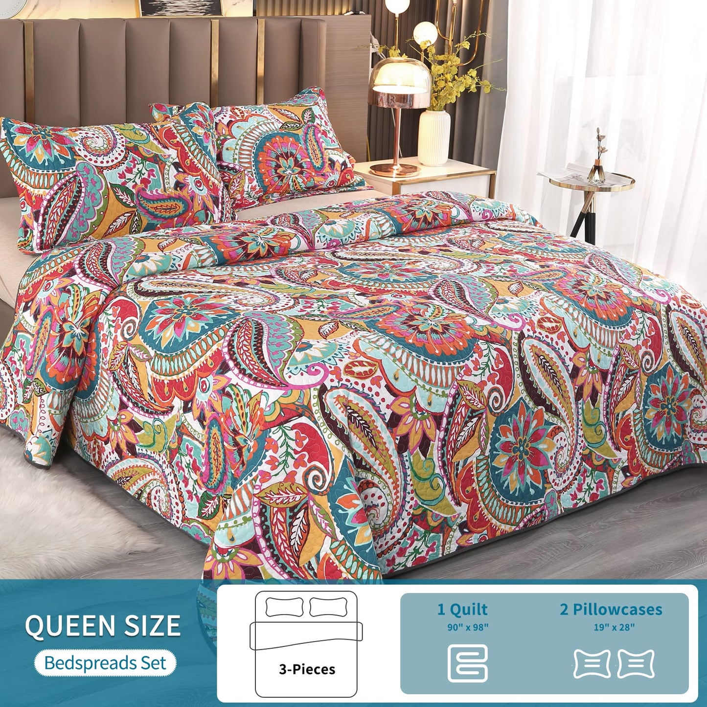 Qucover Cotton Quilt Set, Queen Size, Multicolor Paisley, Boho Style, Soft Lightweight Coverlet with 2 Pillow Shams, 90x98 Inches