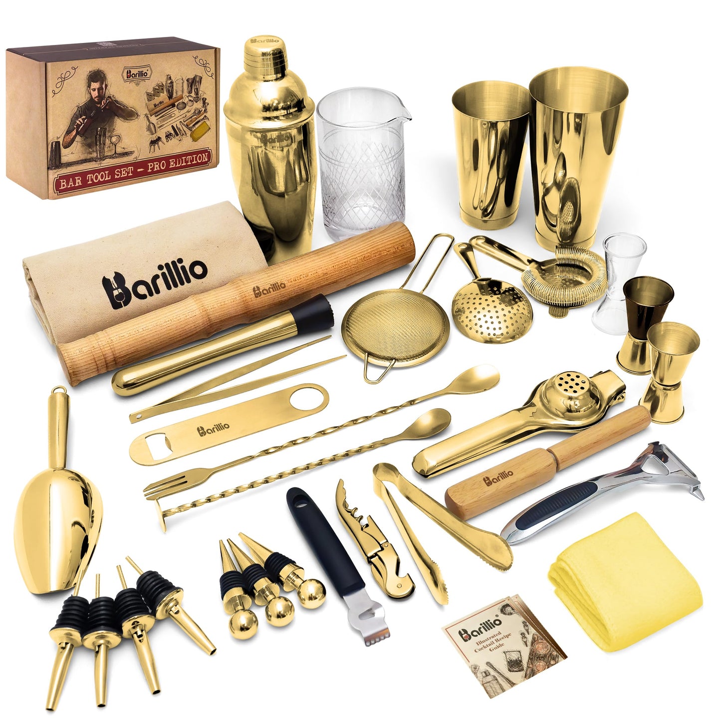 Barillio Bar Tool Set Pro Edition - Gold Stainless-Steel Cocktail Shaker Set - Mixology Bartender Kit w/Boston Shaker, Drink Mixer & Muddler for Cocktails - Home Bar Accessories - 32-Pc Bar kit