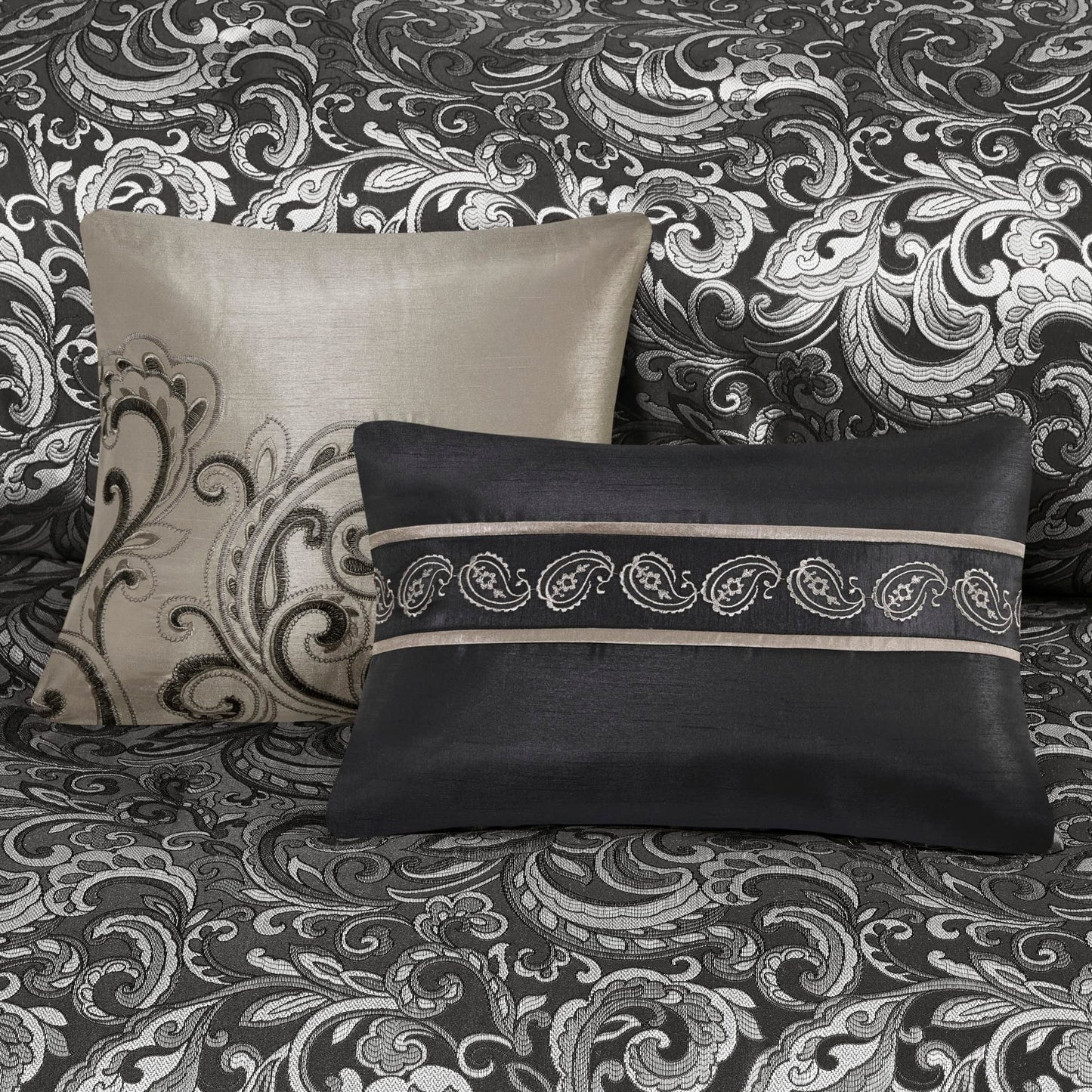 Madison Park Essentials Brystol 24 Piece Room in a Bag Faux Silk Comforter Jacquard Paisley Design Matching Curtains Down Alternative All Season Bedding-Set, Queen(90 in x 90 in), Black 24 Piece