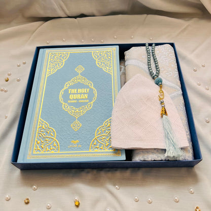 Decoret English Translate Thermo Leather Covered Quran, Tafta Prayer Mat and Breads Set |Quran Size:8x5.5x1.2 İnch / 20x14x3cm | Great Ramadan Gifts for Muslim Men and Women Gift(Blue, 1 Sets)