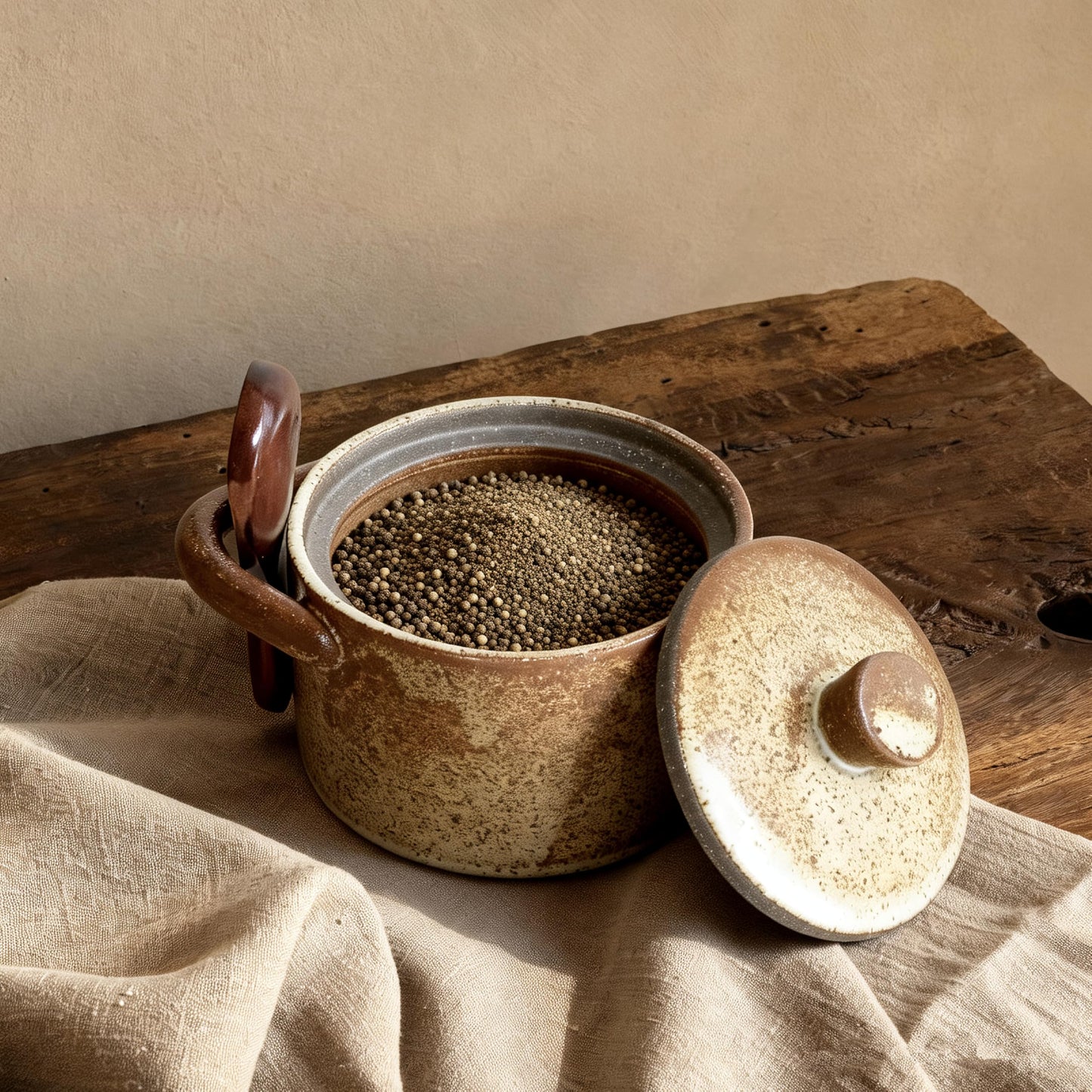 seicasaya Handcrafted Speckled Ceramic Salt Cellar with Wooden Spoon, Rustic Vintage Spice Jar, Dishwasher Safe, 8.45 fl oz (Peckled Ceramic)
