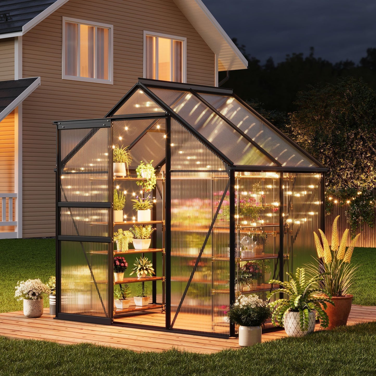 GarveeHome 6x4FT Greenhouse, Small Walk-in Polycarbonate Greenhouse with Adjustable Vent Window, Sliding Door, Portable Green House Kit for Outdoors, Winter